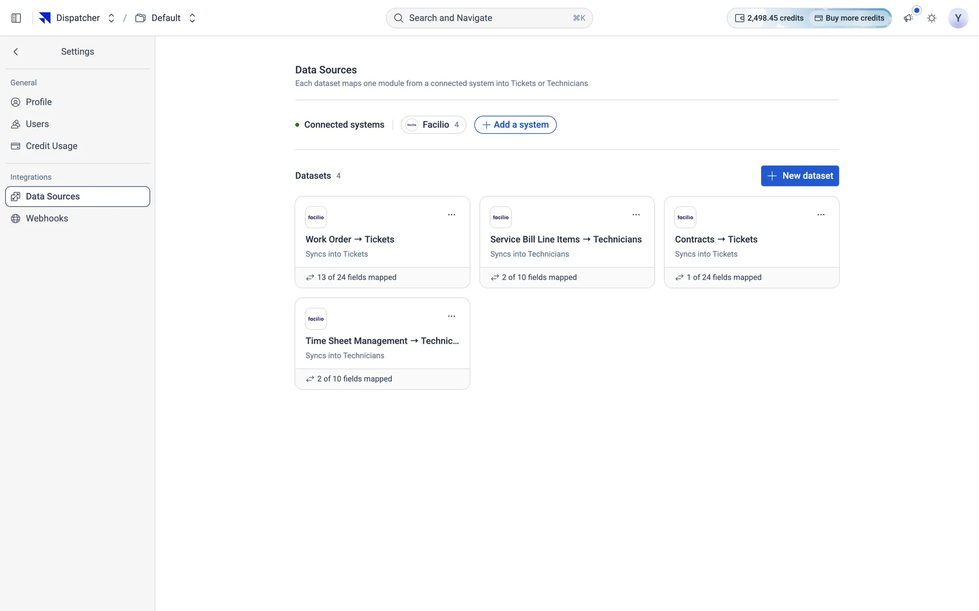 Settings → Data Sources — Facilio listed under connected systems, and four datasets each showing how many of its fields are mapped