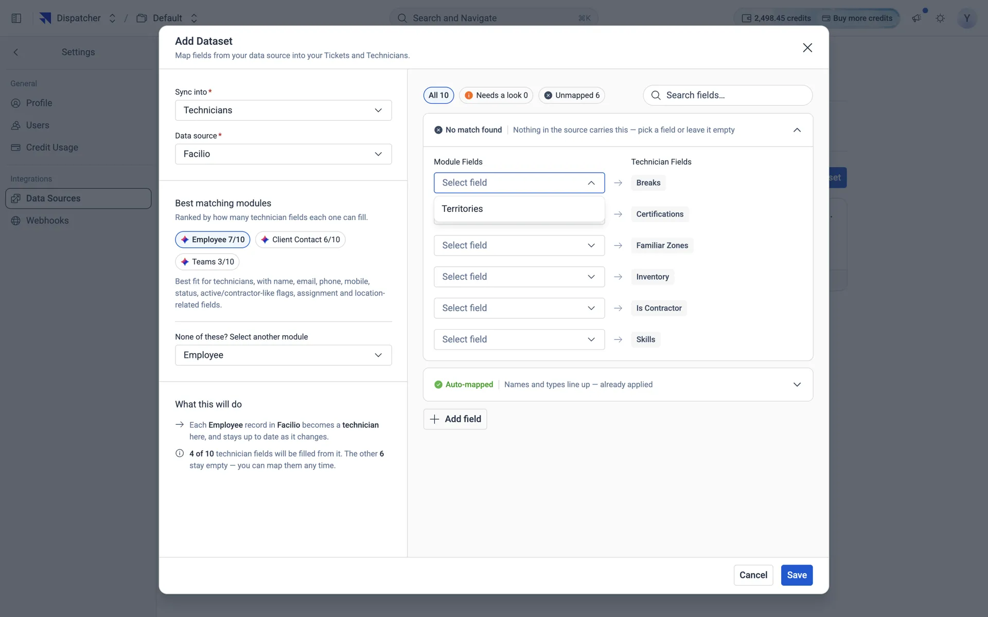 The Add Dataset dialog mapping a Facilio module onto technician fields — breaks, certifications, familiar zones, inventory, contractor flag and skills — with unmapped fields counted