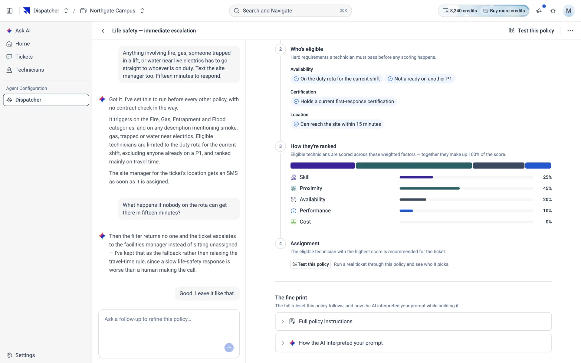 A policy breakdown — eligibility as chip clusters, the ranking weight bar split across five factors, assignment, and the fine print