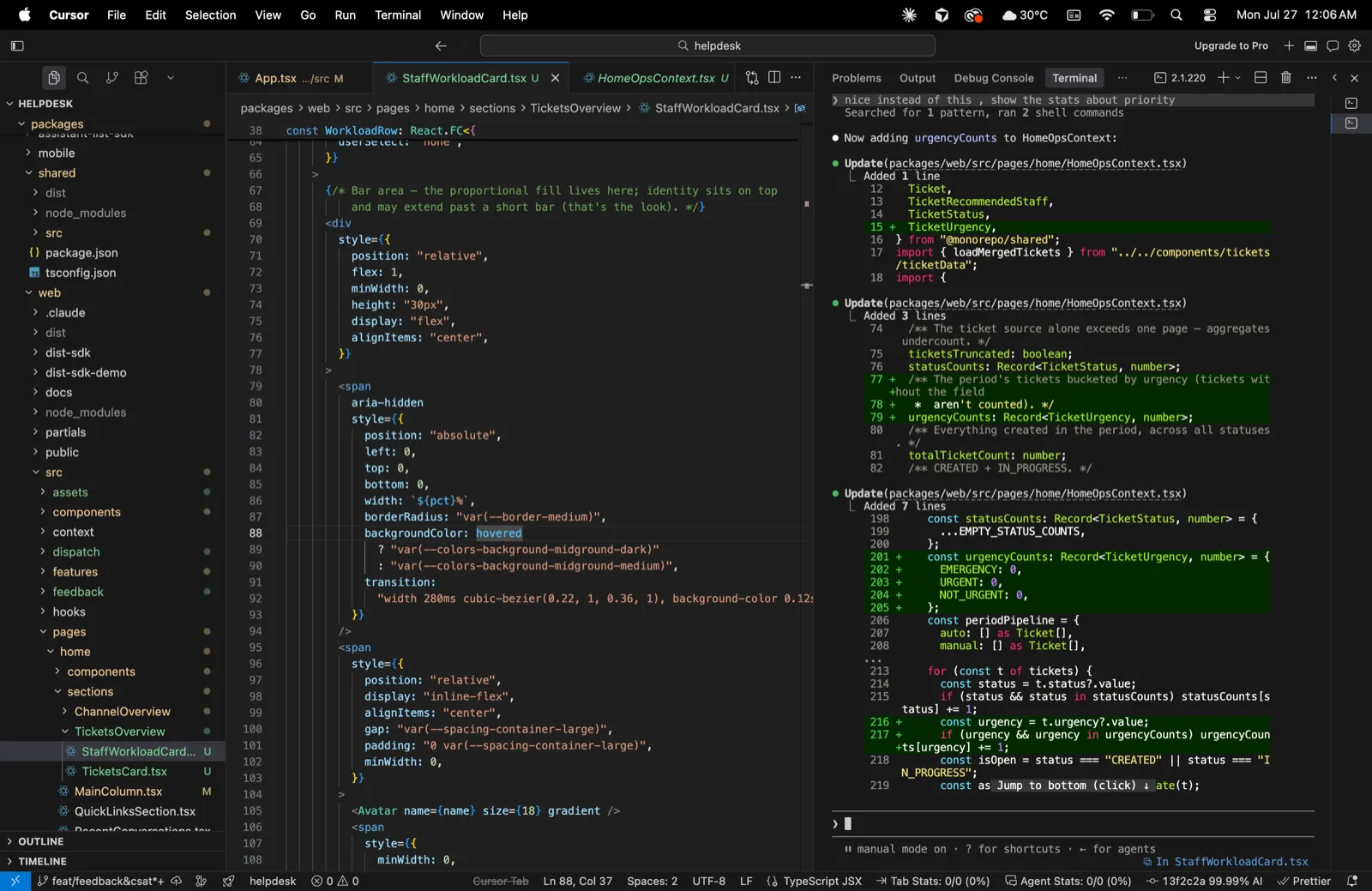 Building the Helpdesk frontend in Cursor with Claude — the ticket workload card and the merged-tickets context