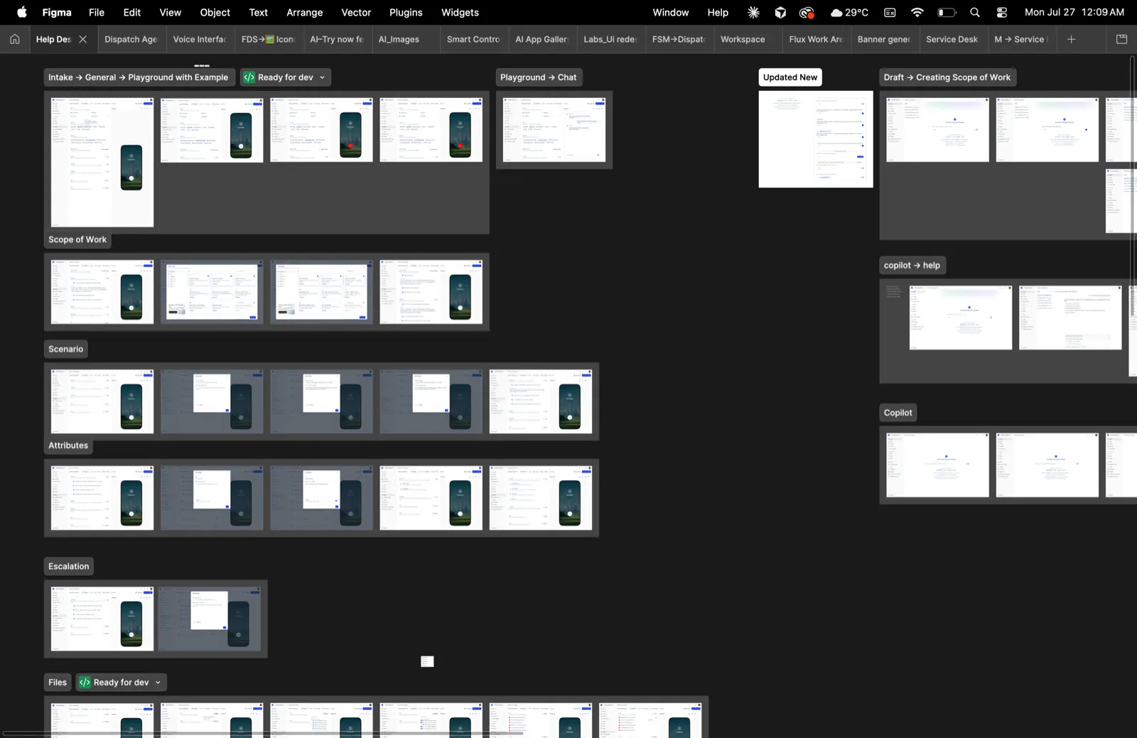 The Helpdesk design file in Figma — frames for onboarding, intake, scope of work, scenarios and more