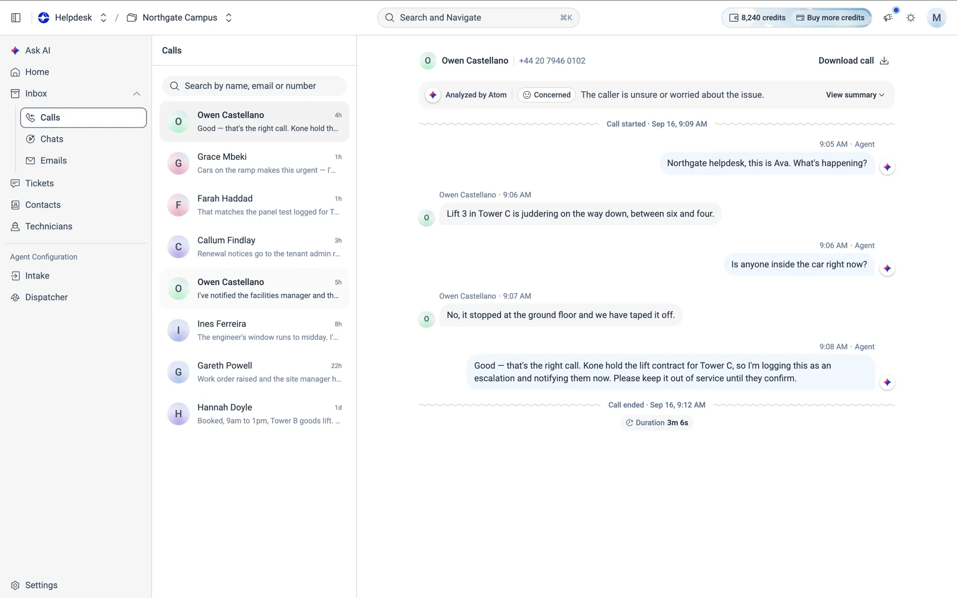 A call open in Inbox — Analyzed by Atom with a Concerned tone read, a one-line summary, and the timestamped transcript below