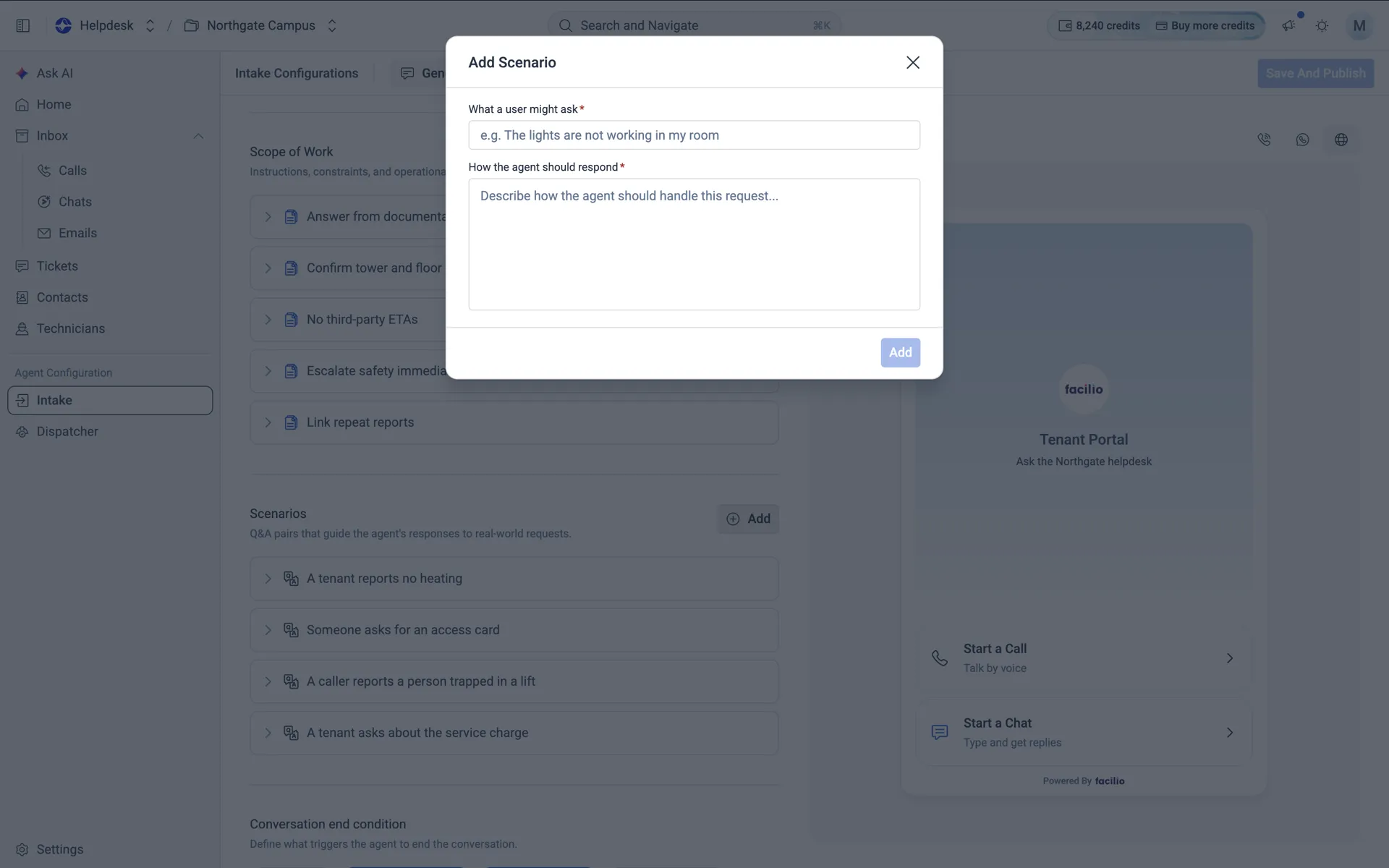 The Add Scenario dialog — a field for what a user might ask and a field for how the agent should respond