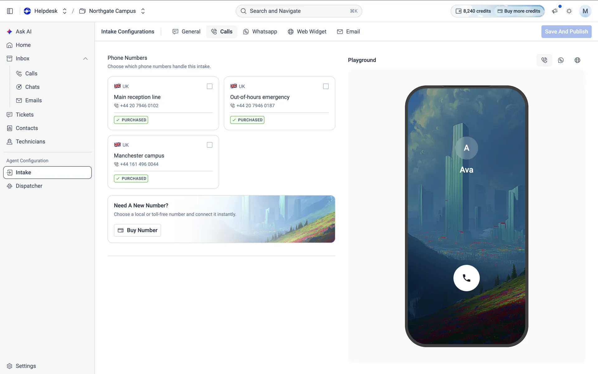 The Intake agent's Calls tab — purchased phone numbers on the left, and on the right the Playground's phone showing the agent Ava with a call button