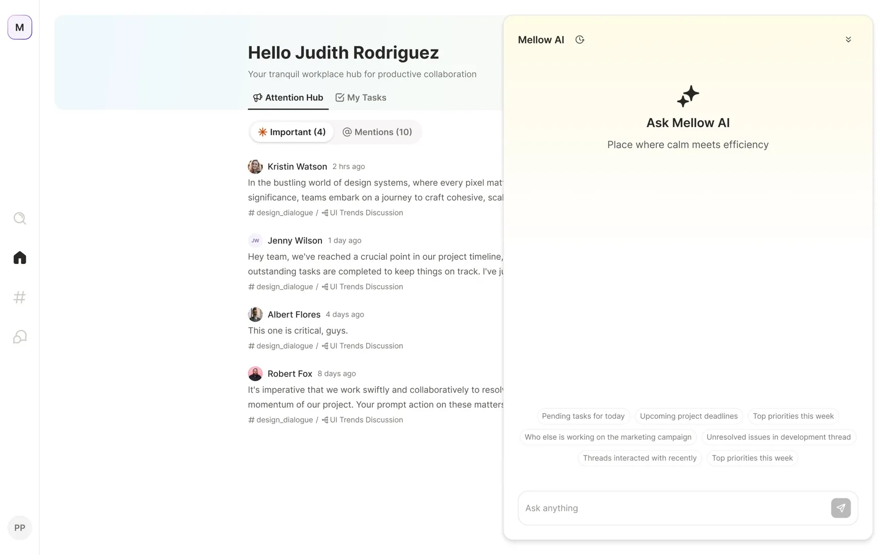 Ask Mellow AI — assistant panel with context-aware suggested prompts