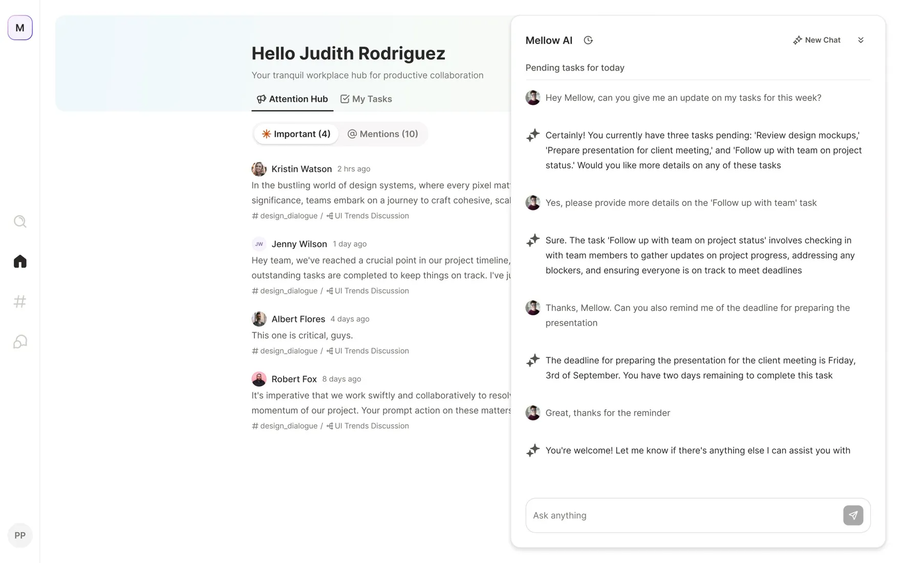 Mellow AI answering a question about pending tasks and deadlines
