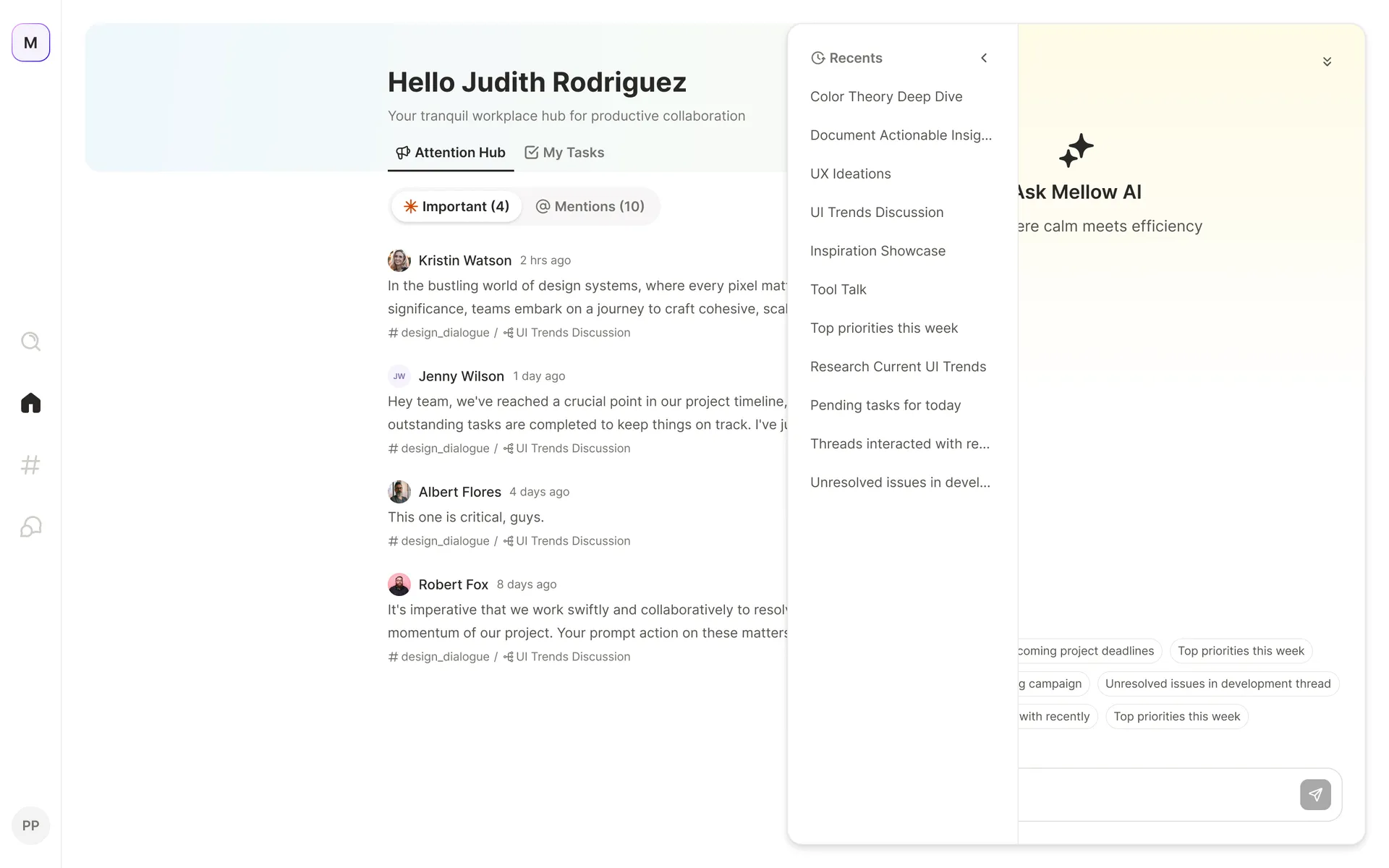 Mellow AI with the Recents list of past conversations open
