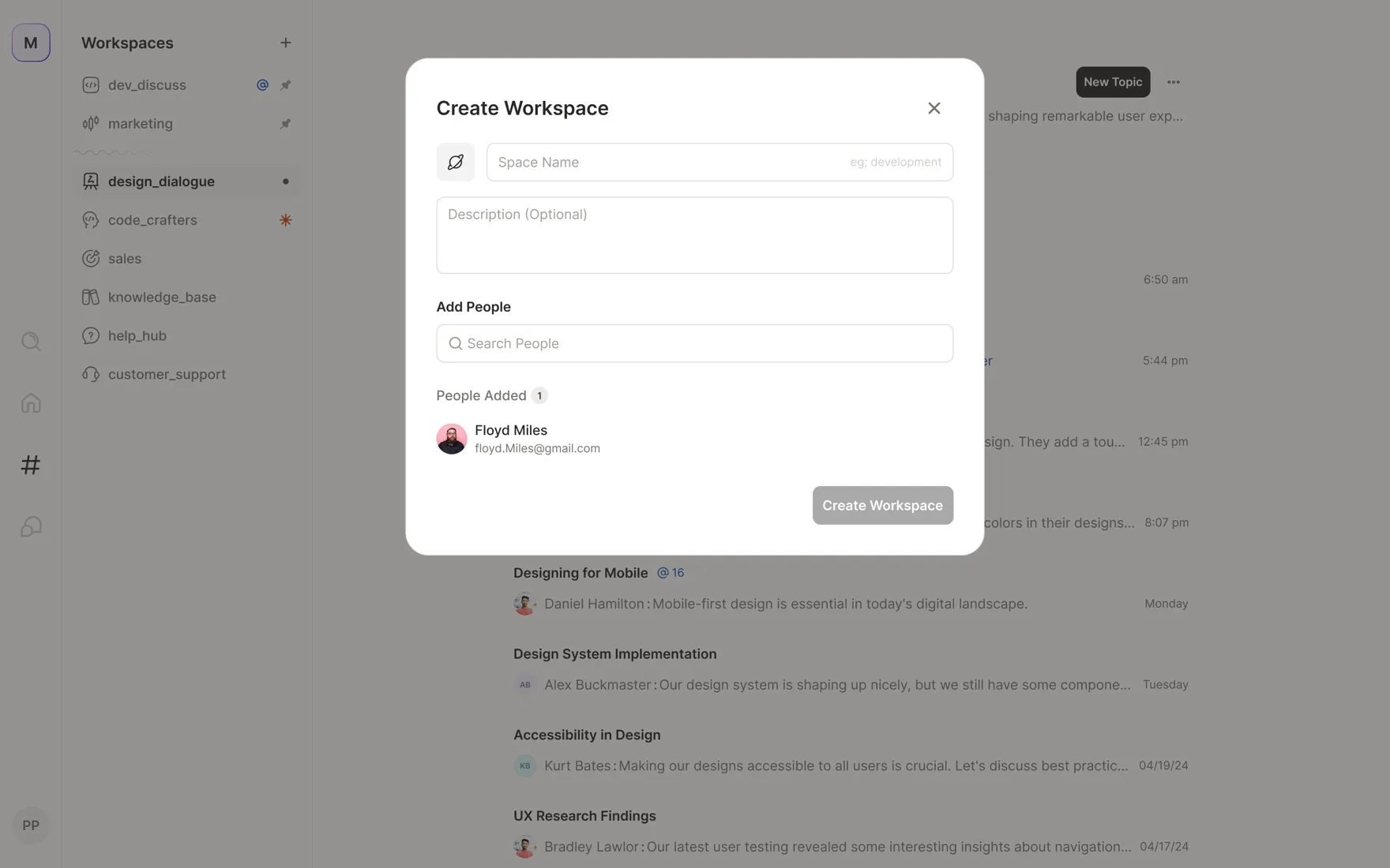 Create Workspace modal — space name, description, and add-people search