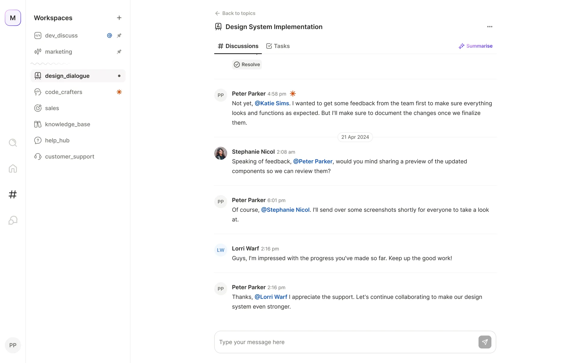 A discussion thread with a Summarise action and a per-message Resolve control