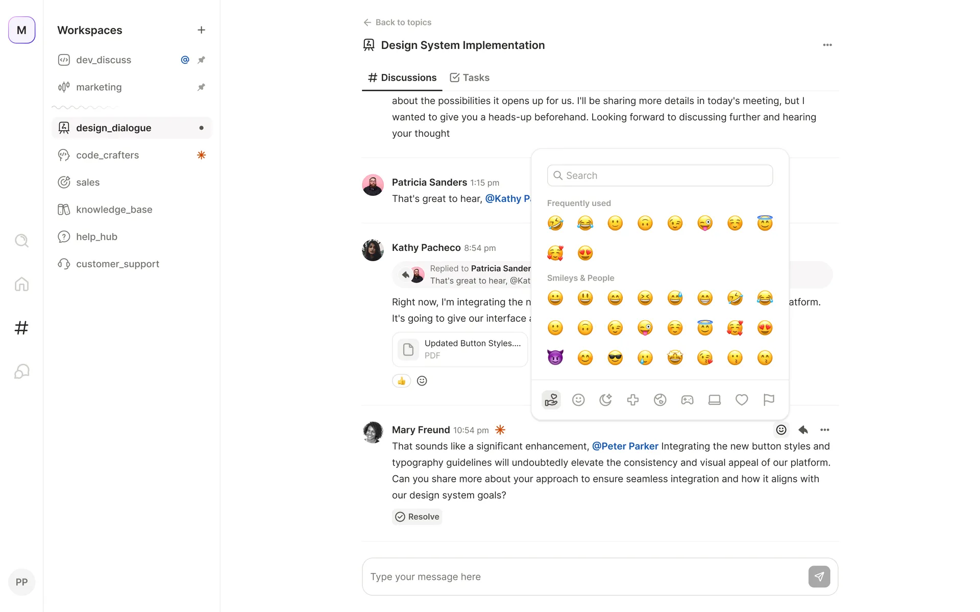 A discussion thread with the emoji picker open over a message with reactions