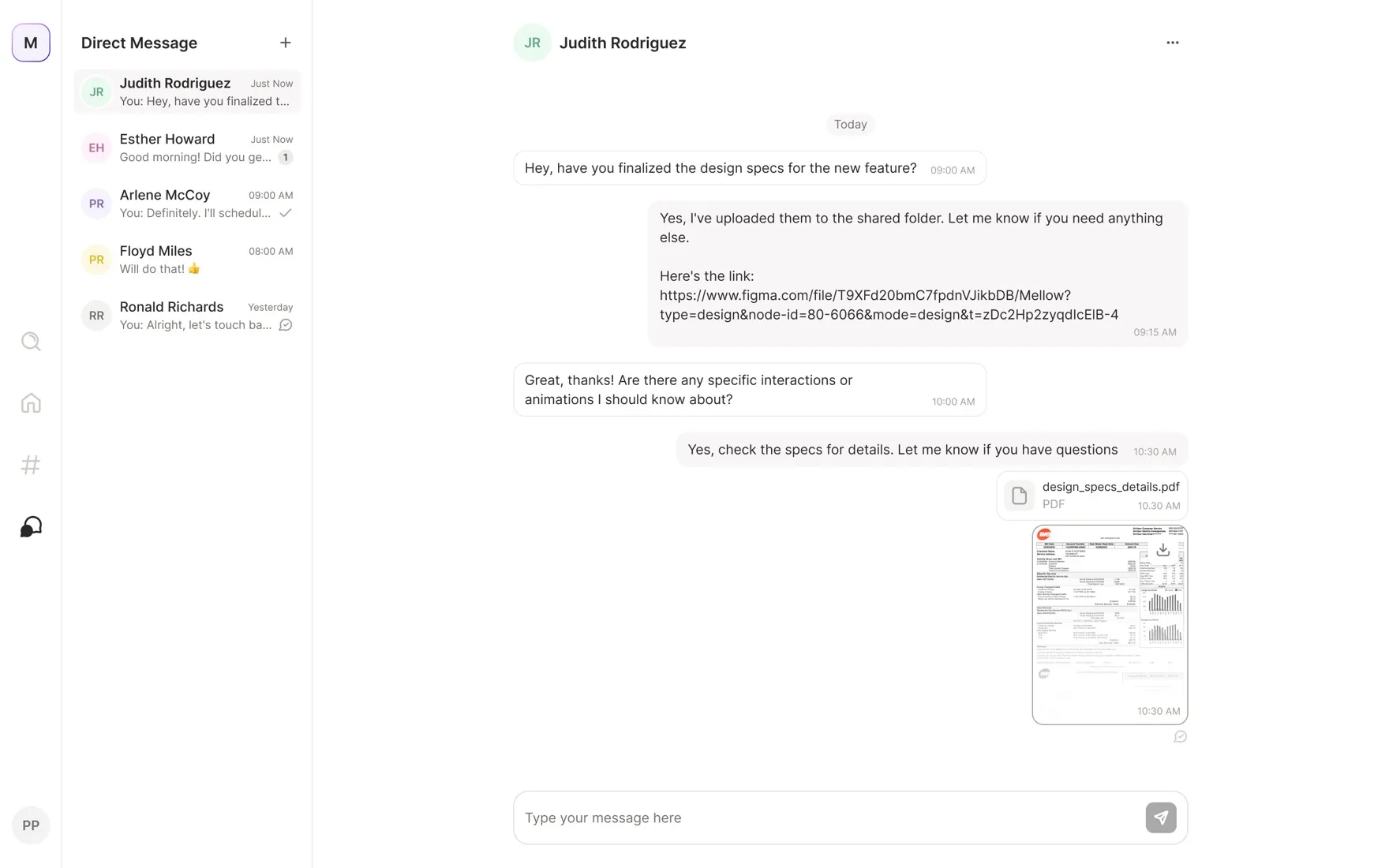 Direct message with an inline PDF and image attachment preview