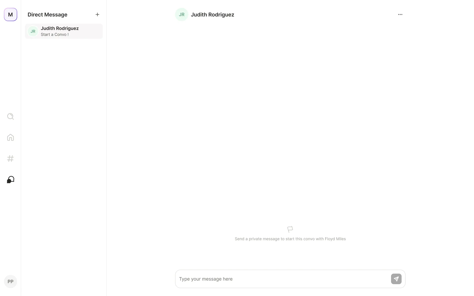 An empty direct-message thread that names the person you're about to message