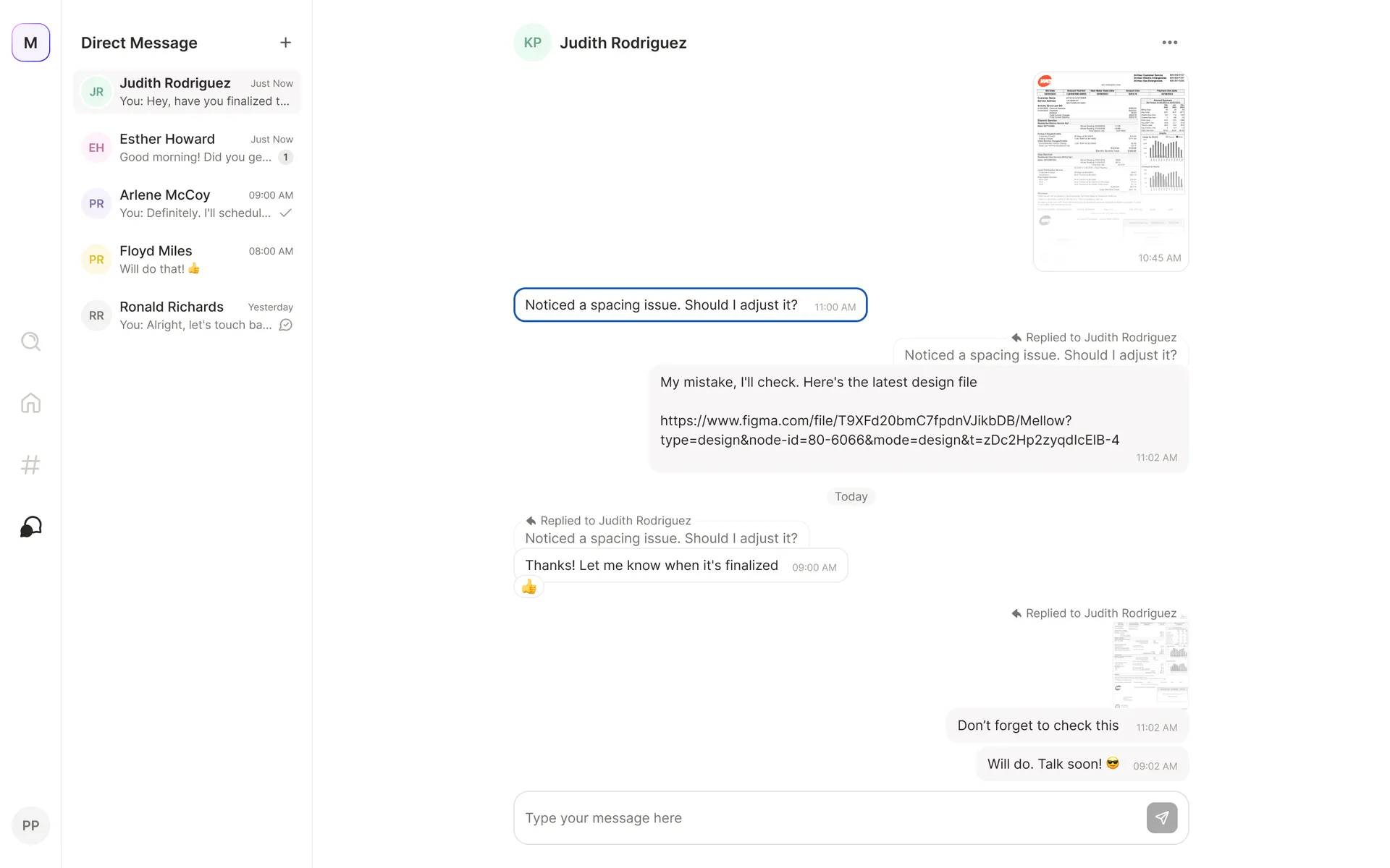 A direct-message thread with a quoted reply, an unfurled Figma link, and a reaction