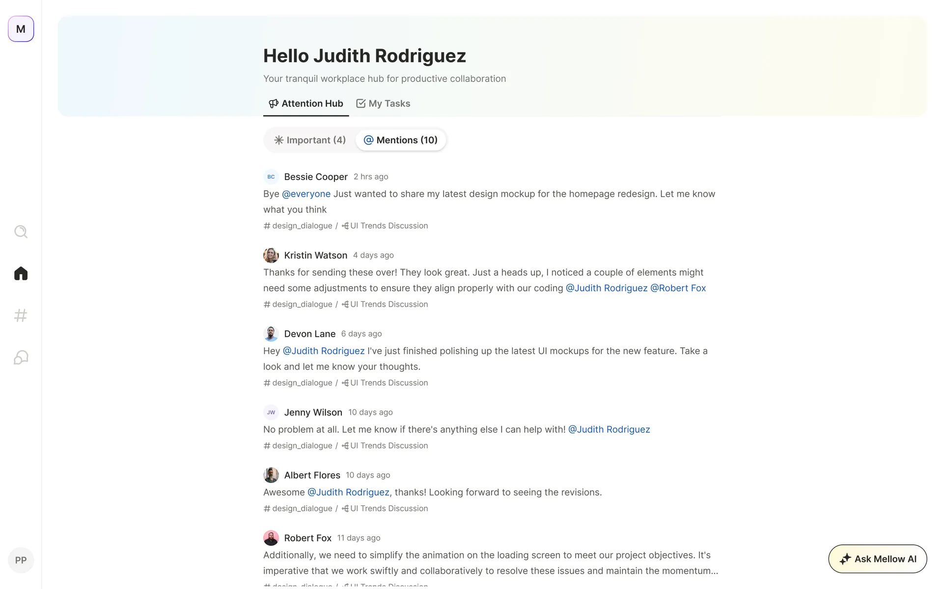 Home Attention Hub, Mentions tab — messages where you were @-mentioned