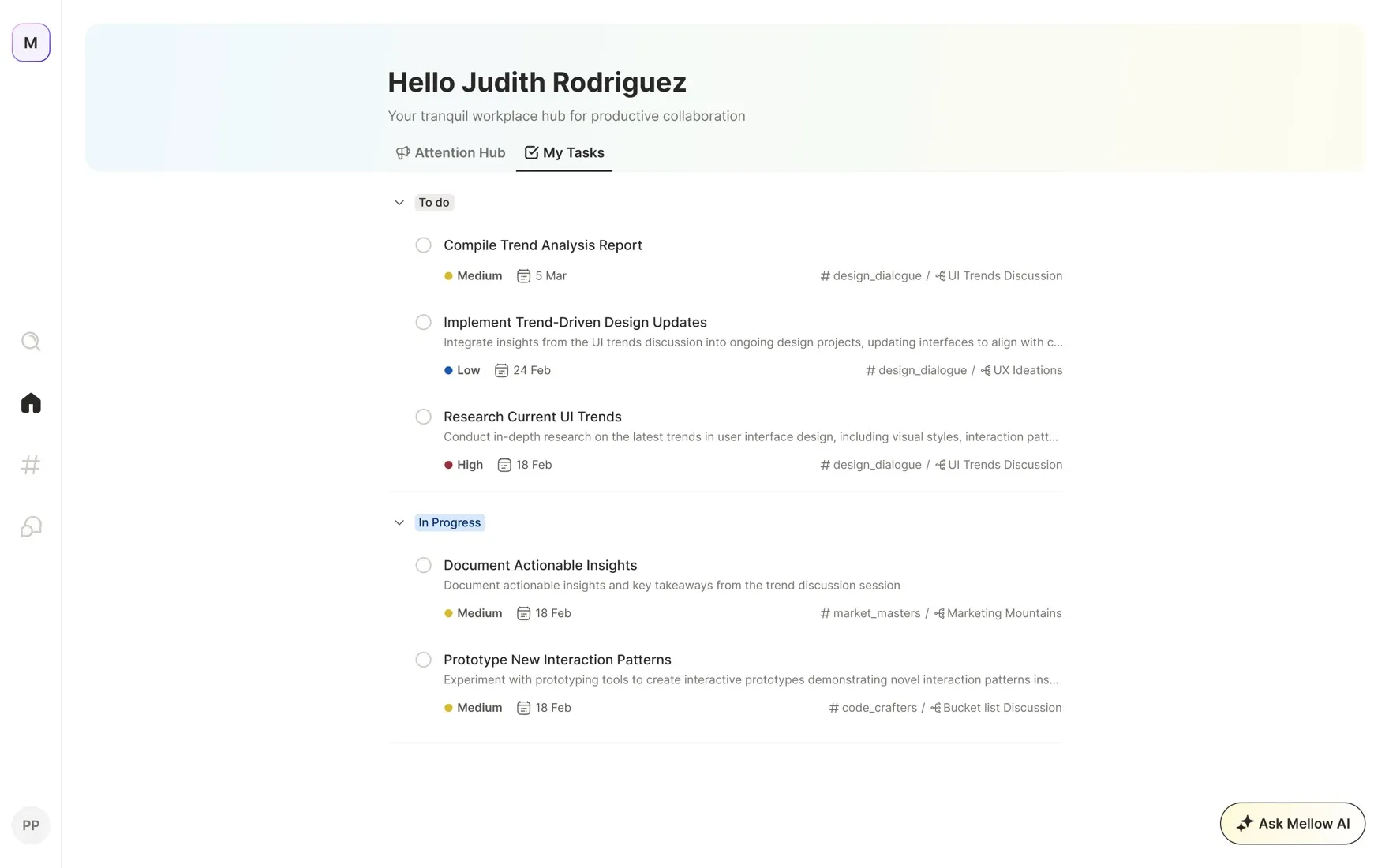 Home My Tasks — assigned work grouped by status with priority and due dates