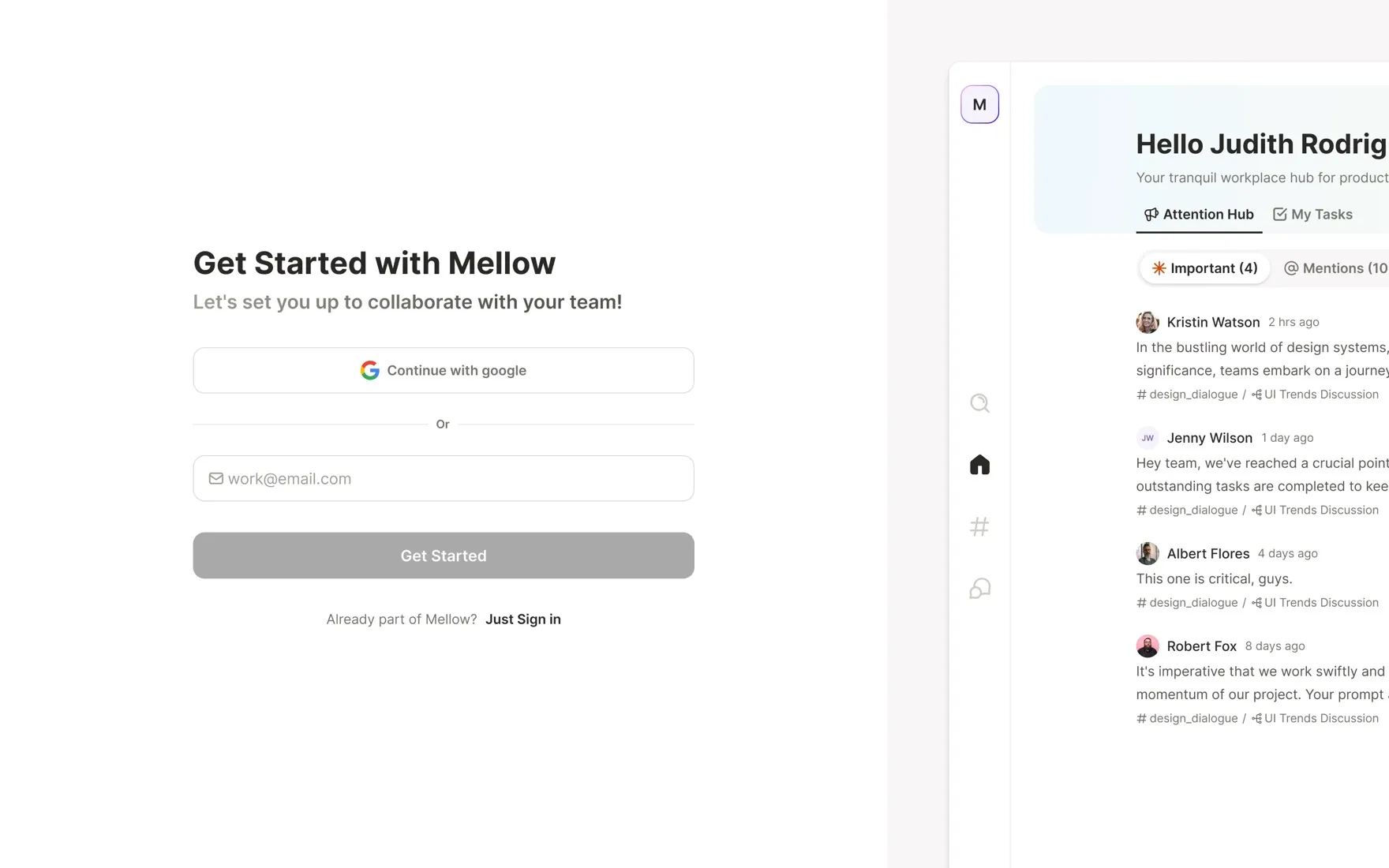 Get Started with Mellow — sign-up screen beside a preview of the live product