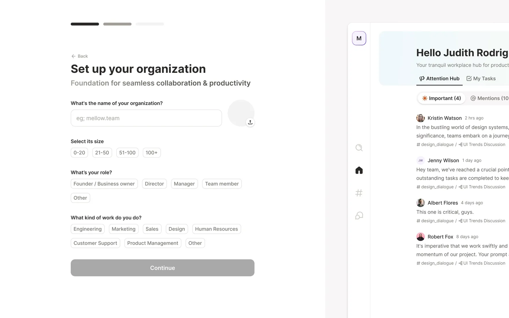 Set up your organization — name, size, role, and work type with a step progress bar