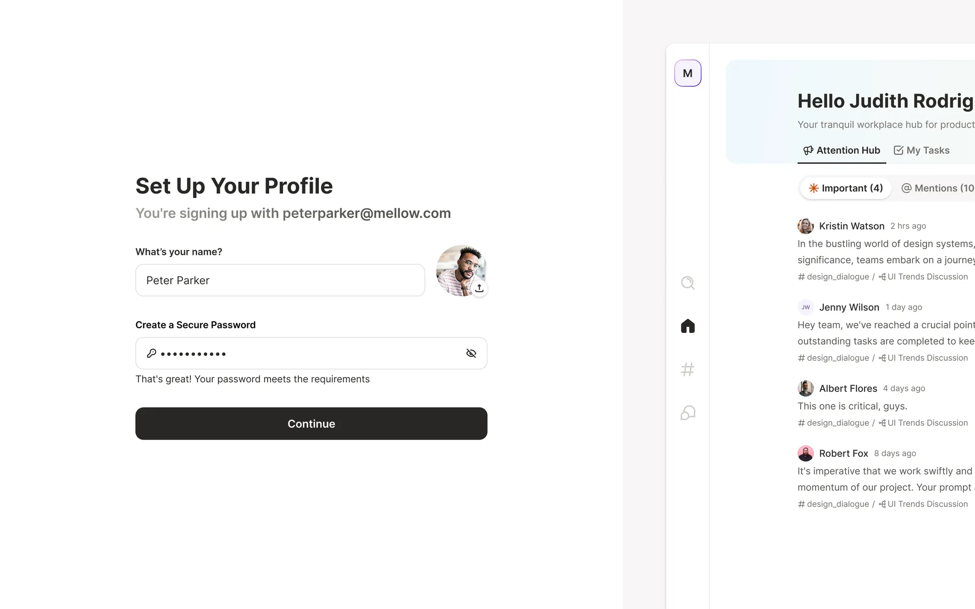 Set Up Your Profile — name, avatar, and password with inline validation