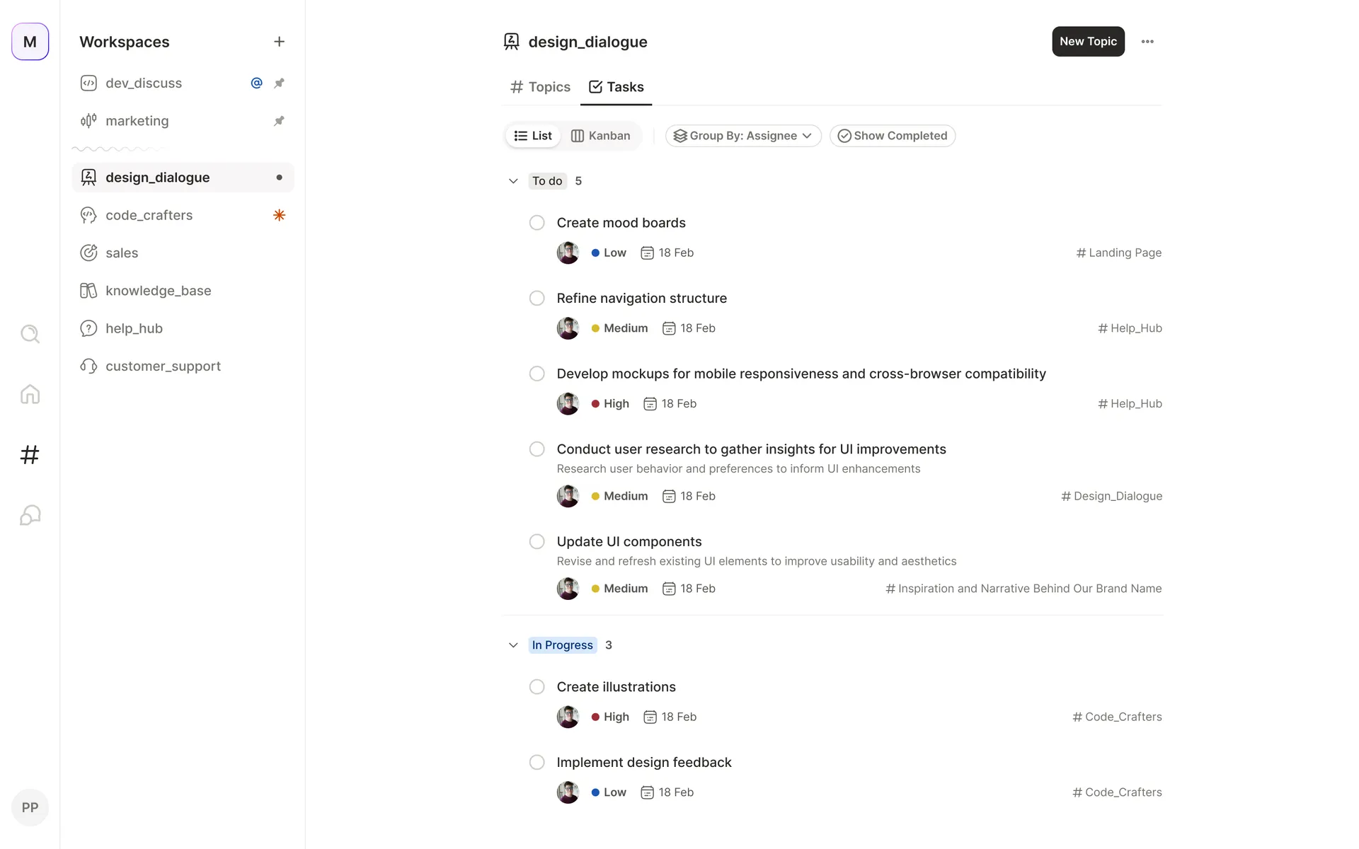 The same task list re-grouped by assignee, with a Show Completed toggle