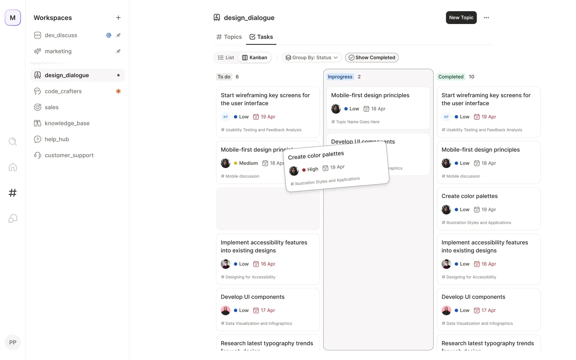 Kanban board mid-drag — a card lifted between columns with a drop placeholder