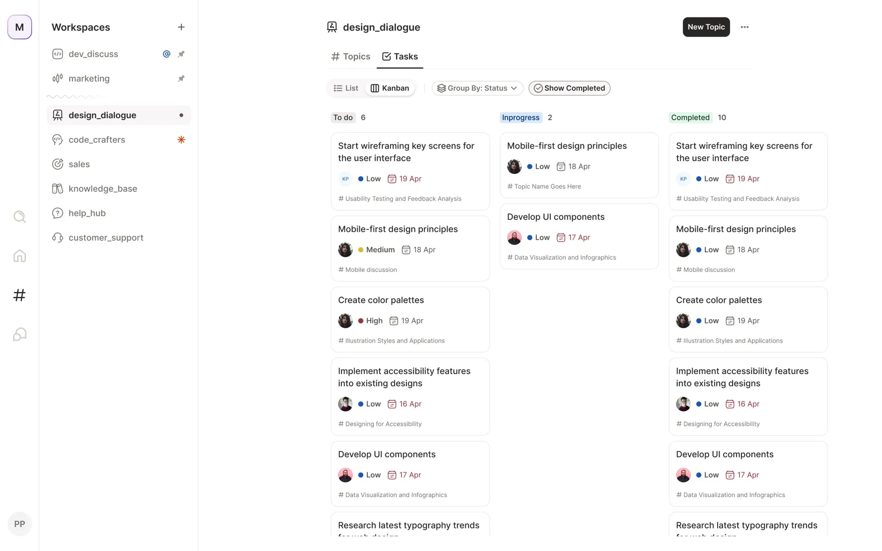 Kanban board — To do, In Progress, and Completed columns with task cards