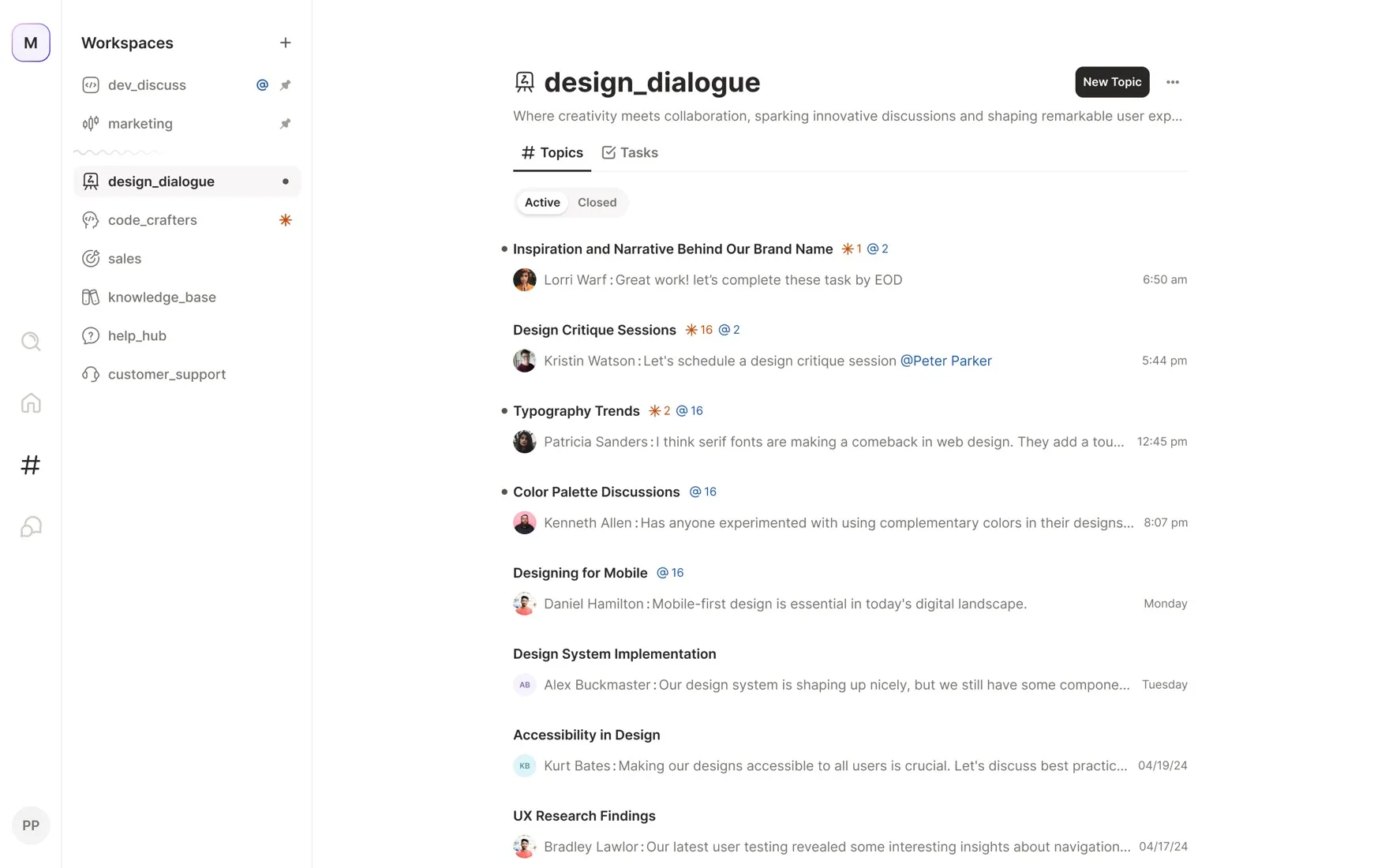 Workspace Topics list — active topics with last message and mention counts