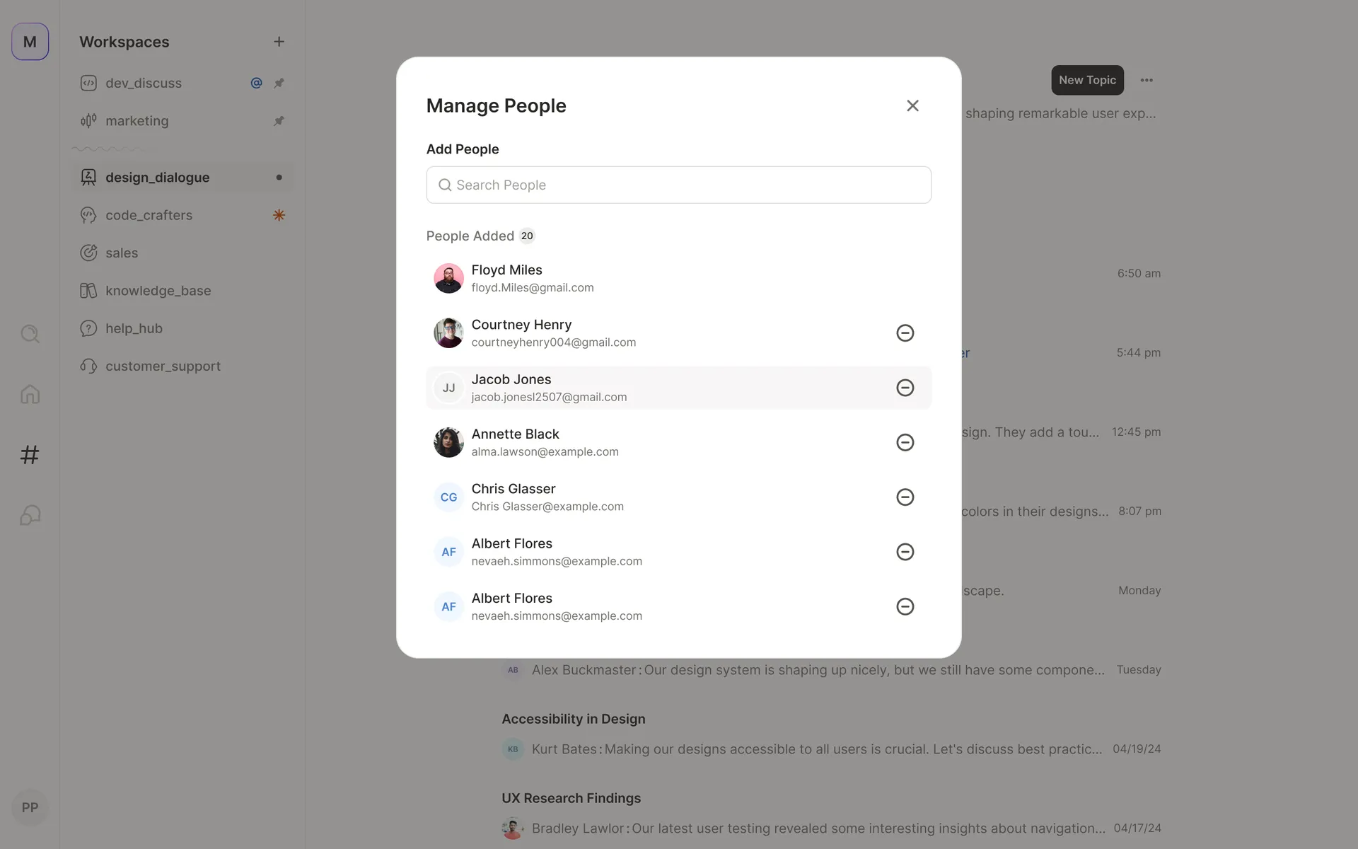 Manage People modal — searchable member list with per-person remove controls