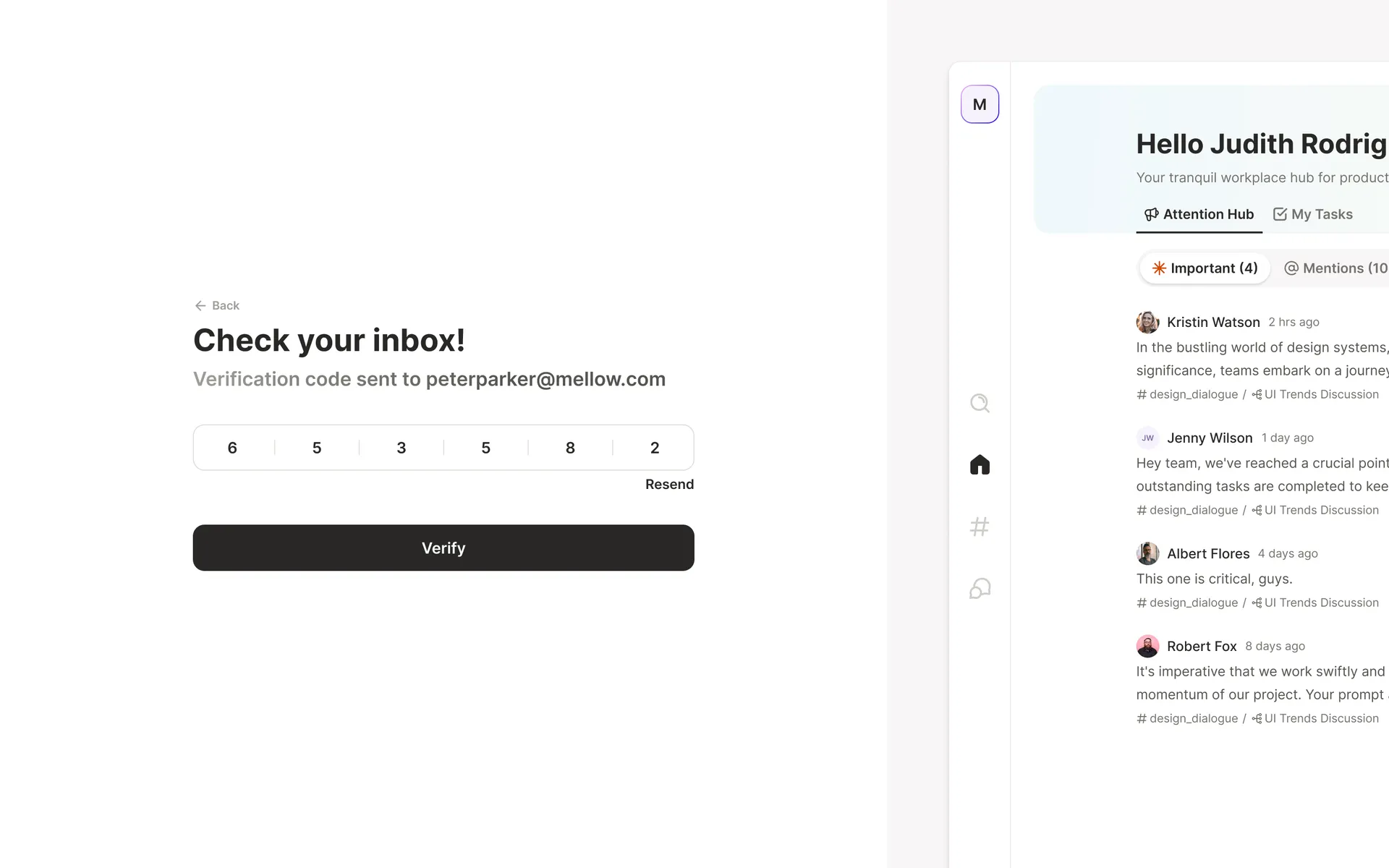 Check your inbox — six-box email verification code entry with a resend link